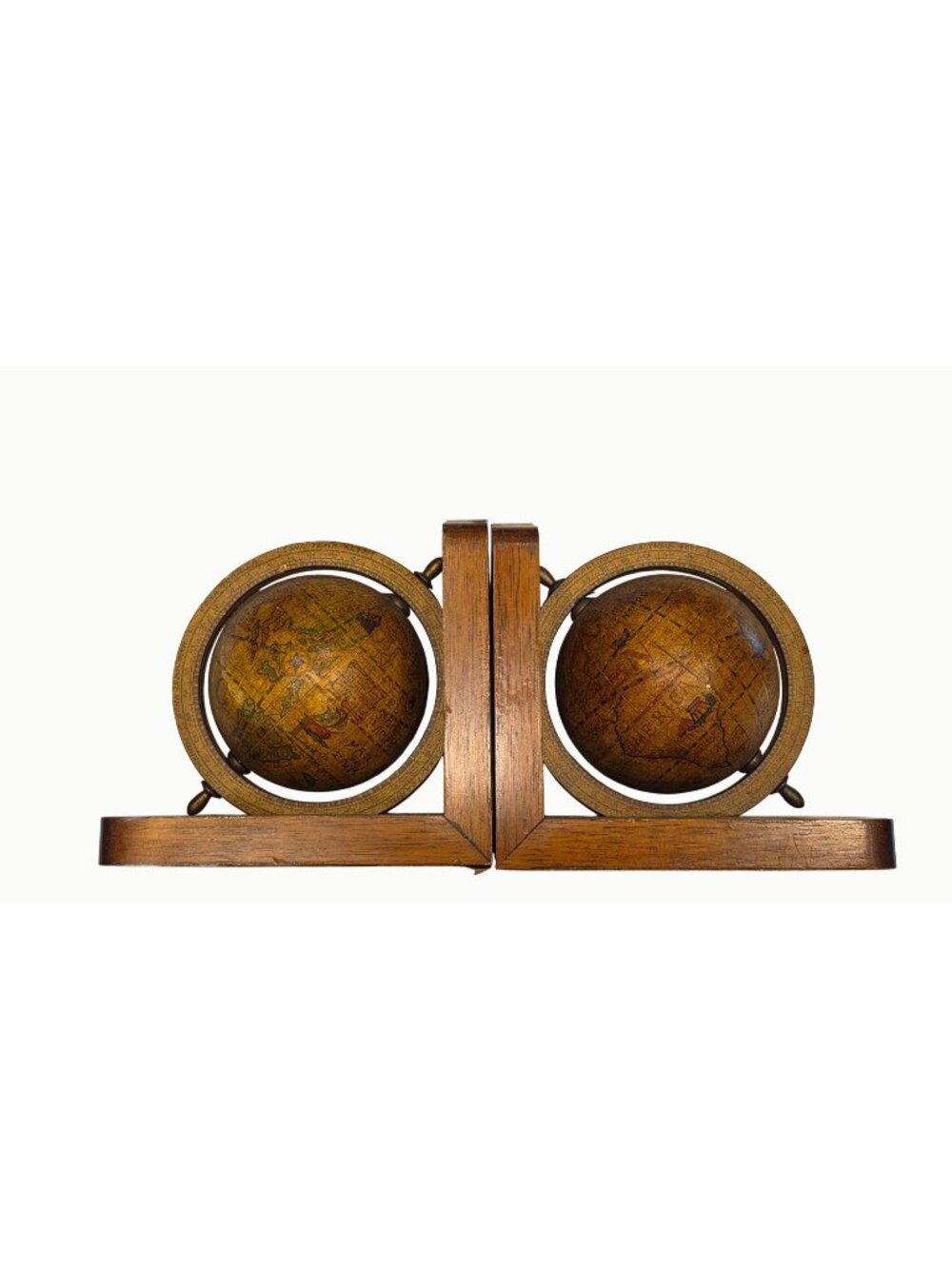 Vintage Olde World Globe Bookends Pair Wood Made in Italy Rotating Globes